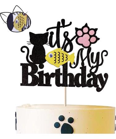 Happy Birthday Cat Cake Topper - Glittery Black Kitten Decoration for Birthday Baby Shower & Wedding Parties - Buy Online on GoSupps.com