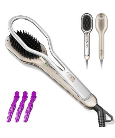 Hair Straightener Brush Ceramic | Negative Ionic Ring Straightening Comb | Natural Hairstyles Heat Brush Dual Voltage Fast Heat-Up with Dense Bristles 4 Temps Anti-Scald & Auto-Off Gold