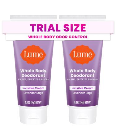 Lume Whole Body Deodorant - Mini Travel Size Invisible Cream Tube - Trial Size - 72 Hour Odor Control - Doctor Developed - Aluminum Free Baking Soda Free - .5oz (Pack of 2) (Lavender Sage)