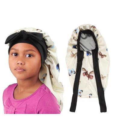 brcok Kids Braid Long Bonnet Girls Satin Bonnet Sleeping Cap Double Layer with tie Band Silk Hair Bonnet for Toddler Child Kids Long Butterfly