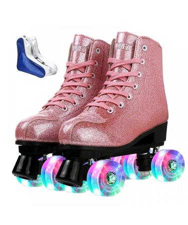 XUDREZ Roller Skates for Women Men Shiny PU Leather High-top Roller Skate Shoes for Beginner Classic Double-Row Roller Skates, Indoor Outdoor Roller Skates Crystal Pink Flash Wheels 42