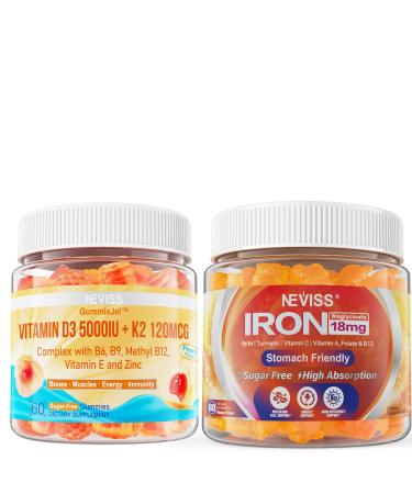 NEVISS Vitamin D3 5000IU + K2 (MK-7) 120mcg Sugar-Free Vegan Iron Gummies Supplement with Vitamin C B12 Folate & Turmeric - Energy & Immune Health