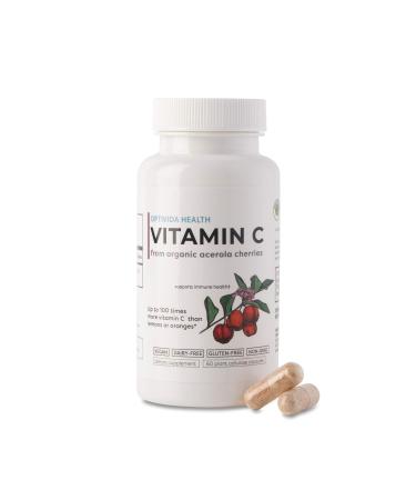OPTIVIDA Vitamin C with Organic Acerola Cherry Extract - Vegan Supplement - Immune Support & System Booster Healthy Skin & Joints Antioxidant