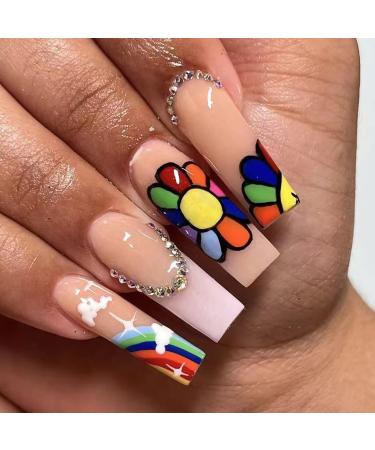 BABALAL Coffin Press on Nails Long Fake Nails Nude Glossy Glue on Nails 24Pcs Ballerina Acrylic Nails Rhinestones Stick on Nails Rainbow Nails for Women & Girls J23