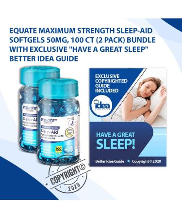 Equate Maximum Strength Sleep-Aid Softgels 50mg 100 Ct (2 Pack) Bundle + Exclusive Guide for Great Sleep - 3 Items - Buy Online on GoSupps.com