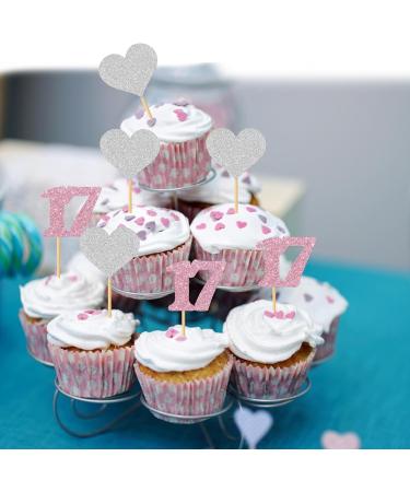 MonMon & Craft 17th Birthday Cupcake Toppers - Number 17 Sign - Girls 17th Birthday Cupcake Toppers - Sweet 17 Dessert Decor- Cheers to 17 Years Party Decorations Pink Silver Glitter - 24 Pcs - Buy Online on GoSupps.com