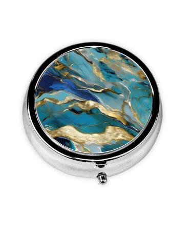 Azurite Teal and Foil Gold Oil Marble Pattern Round Pill Box Lightweight Moisture-Proof Portable for Emergency Medication & Fish Oil Azurite Teal and Foil Gold Oil Marble Pattern One Size