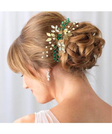 Bride Wedding Hair Comb - Crystal Rhinestone Pearls Silver Leaf Hair Piece, Green Homecoming Party Accessory - Buy Online on GoSupps.com