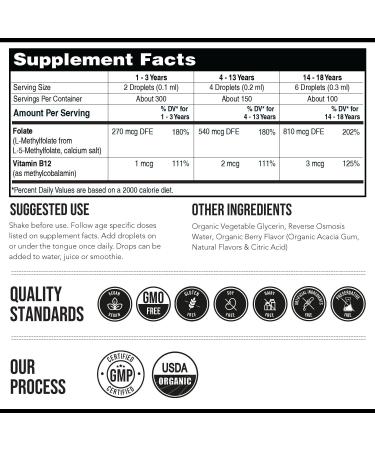 Organic Kids Methylfolate + Methyl B12 Cofactor - Organic Berry Flavor Sublingual Form - 5-MTHF Form Superior Form of Folate - Adjustable Dosing for All Ages - Mood Behavior Cognition - 1 oz. - Buy Online on GoSupps.com