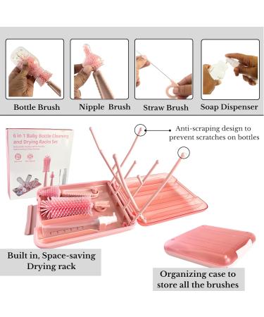 6 in 1 Baby Bottle Cleaning Brush Set - Silicone Brush Nipple Straw Rack Dispenser Box - Pink - Buy Online on GoSupps.com