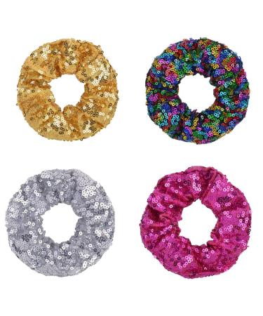 PNEIFON 4Pack Hair Scrunchies Sequin Scrunchies Elastic Stretch Sparkly Glitter Fashion Scrunchie Hair Tie Ponytail Holders Bun Cover for Girls and Women (style1)