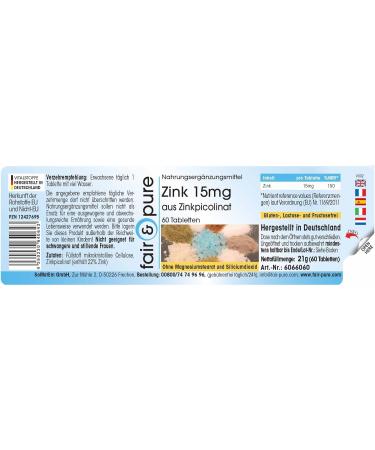 Fair & Pure - Zinc 15mg (elemental content) of zinc picolinate - vegan - high dosage - 60 zinc tablets - Buy Online on GoSupps.com