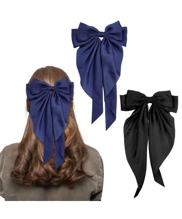 Bow Hair Clip 2Pcs Hair Bows for Women Big Bowknot Hairpin French Hair Clips with Long Ribbon Solid Color Hair Barrette Clips Soft Satin Silky Hair Bows for Women Girls(Black+navy blue)