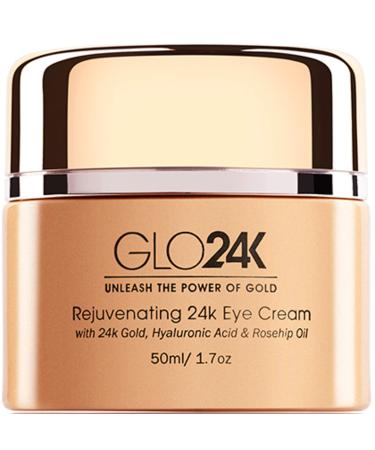 GLO24K Eye Cream with 24k Gold  Hyaluronic Acid  Rosehip Oil  and Vitamins. Minimizes wrinkles and fine-lines around the eyes.