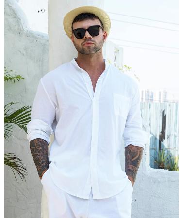 RPOVIG Linen Men's 2-Piece Henley Shirt & Loose Yoga Pants Set - White - Buy Online on GoSupps.com