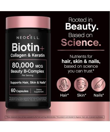 NeoCell Biotin Collagen Keratin Supplement | 80000mcg | 60 Capsules | Beauty B-Complex | Plus Hyaluronic Acid | Hair Skin and Nails - Buy Online on GoSupps.com