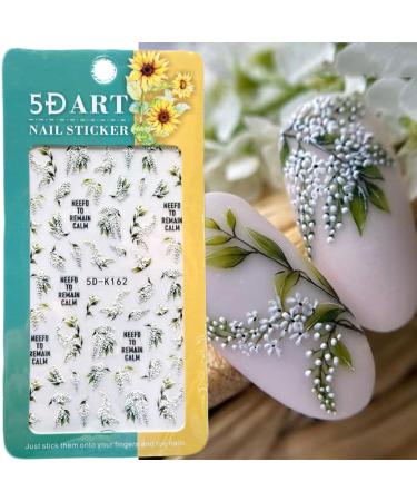 5D White Flower Nail Stickers  Summer Nail Decals Self Adhesive Leaf Nail Stickers for Nail Art Green Leaves Nail Art Suppliers Embossed Lily Nail Decoration Floral Nail Accessories Blossom Nail Art Lily Leaf