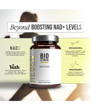 BIOSTACK NAD Regen (30 Days Supply) - Advanced NAD+ Supplement with NAD3 Y th Spermidine Resveratrol Niacinamide | NMNH Alternative | Anti Aging Longevity & Cellular Health Vitamin B3 Complex 60 Count (Pack of 1) - Buy Online on GoSupps.com