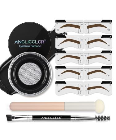 Anglicolor Eyebrow Stamp Stencil Kit 5 Pieces Eyebrow Stencils with Dual Ended Brush and Sponge Applicators Long Lasting & High Pigment Formula Eyebrow Makeup Set (06 Black)