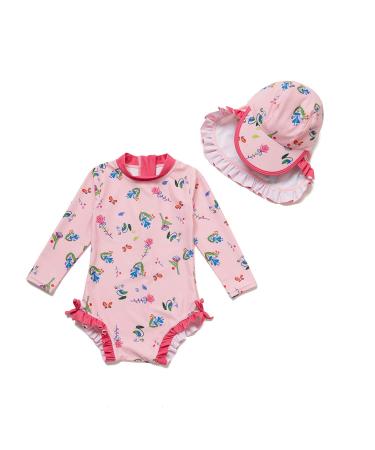 BONVERANO Baby Girls Swimsuit Toddler Bathing Suit Long-Sleeve Zipper One Piece Swimwear with UPF 50+ Sun Protection 18-24 Months Pink