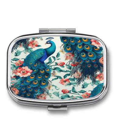 Pill Box Beautiful Peacock Flowers Print 2 Compartment Medicine Pill Case Pill Organizer Decorative Metal Portable Pill Box for Pocket Or Purse Style