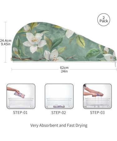 Super Absorbent White Flower Green Leaf Hair Towel 2 Pack | Quick Dry Hair Turbans for Women & Girls - Buy Online on GoSupps.com