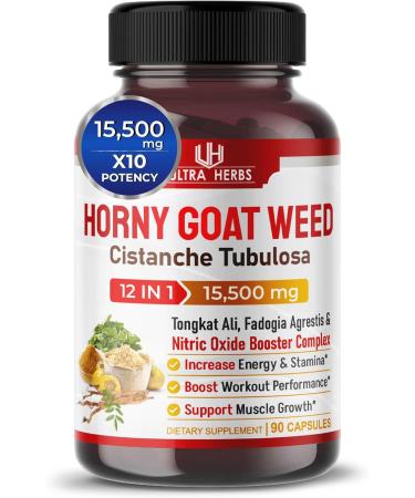 ULTRA HERBS Horny Goat Weed 6000mg Tongkat Ali 2500mg Maca Root 750mg Tribulus 1000 mg - Increase Energy Performance with Fadogia Ashwagandha Ginseng L-Arginine (90 Count (Pack of 1))