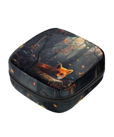 Menstrual Pad Bag with Zipper Ladies Napkin Bag Tampons Collection Bag for Women and Girls (Fox in the Forest)