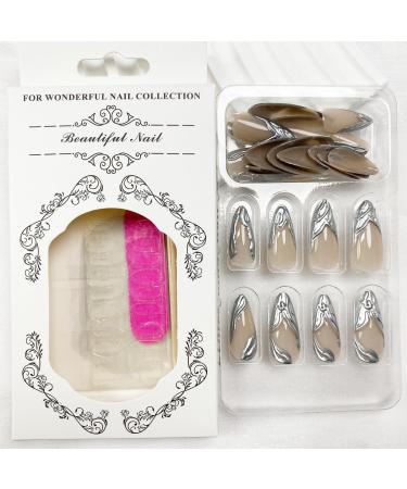 Shop Silver Stiletto Press-On Nails | Chrome French Tip Design | 24 Pcs Reusable Fake Nails for Perfect Manicure - Buy Online on GoSupps.com