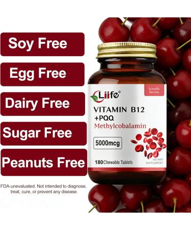 LIIFE Methylcobalamin (Higher PQQ + Vitamin B12) 5000 mcg | Boosts Antioxidant Power & Mitochondrial Support Promotes Brain & Nerve Health | 180 Chewable Tablets Gluten-Free Formula Cherry Flavor - Buy Online on GoSupps.com