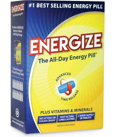 Energize Caffeine Pills - Fast Acting Energy Pill - Healthy Focus Brain Supplement - Improved Performance Alertness and Clarity - All Day Energy No Jitters No Crash - 28 Time Released Tablets