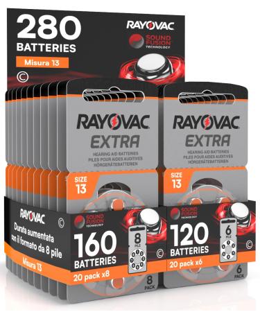 280 Rayovac Extra 13 hearing aid batteries - 20 blisters with 8 and 20 blisters with 6 batteries 280 hearing aid batteries