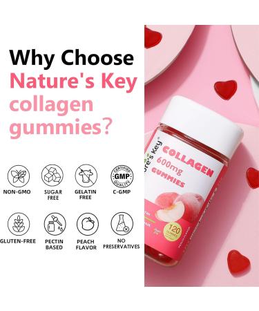 Nature's Key Collagen Gummies with Vitamins C, E & Biotin, 600mg Collagen Per Serving, Reduces Wrinkles & Promotes Skin Elasticity, Sugar Free Peach Flavor (120 Gummies, Pack of 1) - Buy Online on GoSupps.com