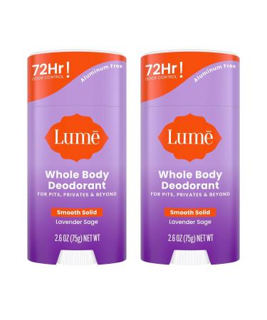 Lume Whole Body Deodorant - Smooth Solid Stick - 72 Hour Odor Control - Aluminum Free, Baking Soda Free and Skin Safe - 2.6 Ounce (Pack of 2) (Lavender Sage)