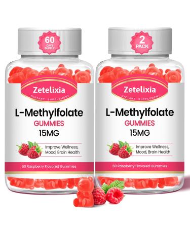 2 Pack L-Methylfolate 15mg Gummies Folate & Vitamin B12 Supplement for Adult Active Folic Acid Supplement for Brain Mood Immune Support Vegan Non-GMO Raspberry Flavor 120 Count Raspberry 60 Count (Pack of 2)