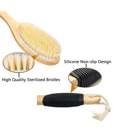 OWIIZI Bath Brush - Wooden Curved Long Handle Shower Brush for Exfoliating - Natural Bristle Scrubber for Back - Wet/Dry Use - Non-slip Rubber Grip - Buy Online on GoSupps.com