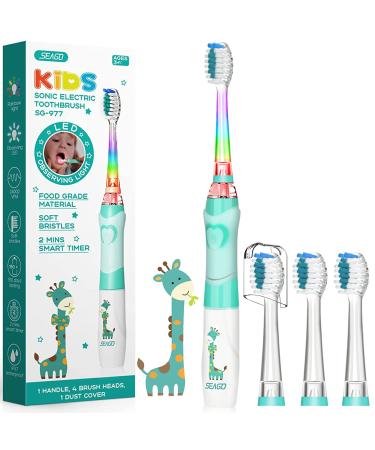 Seago SG977 Kids Electric Toothbrushes Age 3+ Years Toddler Childrens Battery Toothbrush with Timer Colorful Flashing Light 4 Dupont Brush Heads for Childs Boys Girls Waterproof Deep Clean (Green)