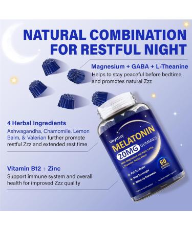Melatonin 20mg Gummies for Adults - Max Strength Melatonin Gummy Supplement with Magnesium Glycinate, B6, B12, L-Theanine, GABA, & Herbs - Non-Habit Forming, Vegan, Natural Mixed Berry Flavor Mixed Berry 60 Count (Pack of 2) - Buy Online on GoSupps.com