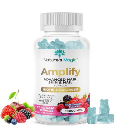 Amplify Advanced Hair Skin & Nail Formula with 10 000 MCG Vegan Gummies Highest Potency Biotin & Collagen Plus Vitamin C E B-12 & Folic Acid