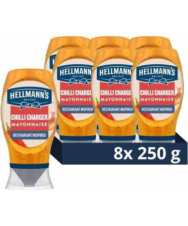 Hellmann's Chilli Charger Squeezy Mayonnaise 100% recycled plastic bottle ideal spicy condiment for sandwiches and wraps 8x 250 g