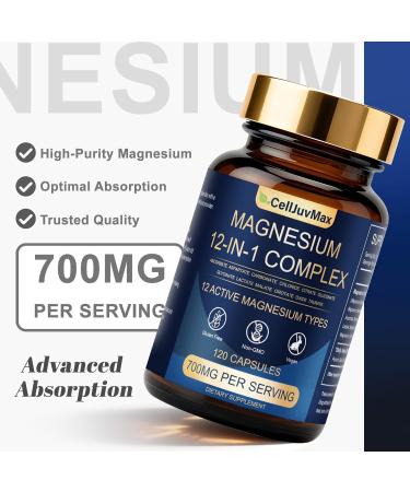 Magnesium 12-in-1 Complex Supplement 700mg High Absorption Magnesium Glycinate Citrate Malate & Taurate Blend for Muscle Nerve Sleep Support 120 Vegan Capsules for Women & Men (1) - Buy Online on GoSupps.com
