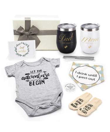 Pregnancy Gift Est 2022, First Time Mom Gifts for Women, New Parents Wine Tumbler Set Baby Onesie Socks Bib Decision Coin - Top Mom Dad Gift Set Idea for Baby Shower, Gender Reveal 7 pcs set