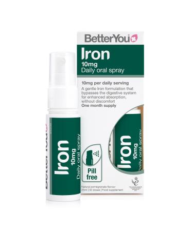 BetterYou Iron 10 Daily Oral Spray Pill-free Iron Supplement and Immune System Support Delivers 10mg of Highly Absorbable Iron Per Dose 1-month Supply Made in the UK Natural Pomegrante Flavour