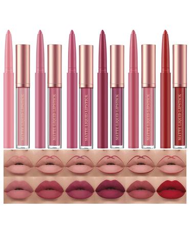 12 Pcs Liquid Lipstick Lipliner Set Nude Lipliner Matte Lipstick Long Lasting Non-Fading Stay On 24 Hours Waterproof Lip Glosses Makeup Set Gift For Women (Set B)