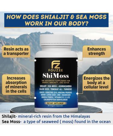 FOUZEE ShiMoss Supplement w/Shilajit 1000mg, Sea Moss 7000mg, Ashwagandha 9000mg, Tongkat Ali 90000 mg, Vitamin C, B12, Boron, Turmeric, Ginger - Immunity Dietary Capsule for Men & Women - 90 Count - Buy Online on GoSupps.com