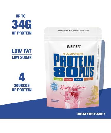 Buy WEIDER Protein 80 Plus - Low-Carb Raspberry Cream Protein Powder (500g) | Multi-Component Casein & Whey Mix for Shakes - International Shipping Available - Buy Online on GoSupps.com