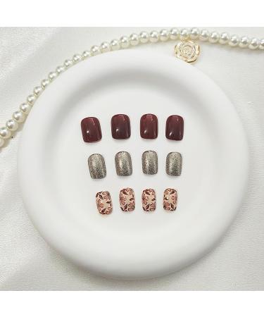Fall Press On Nails - Short Glitter & Flower Designs - 24 Pcs Red Brown Acrylic - Glue-On Fake Nails for Women - Buy Online on GoSupps.com