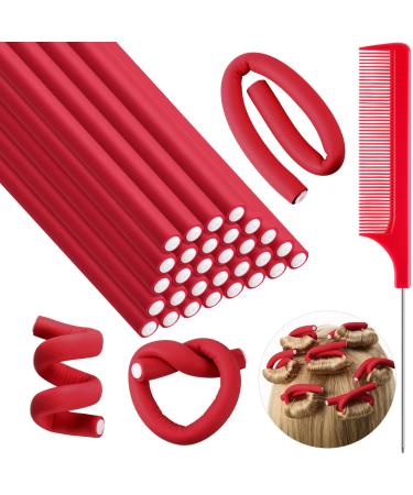 30 pieces of flexible curling iron twist foam curlers soft foam no heat curler and 1 steel rat tail comb for women girls long and short hair (7 x 0.3 red) 7 x 0.3 red