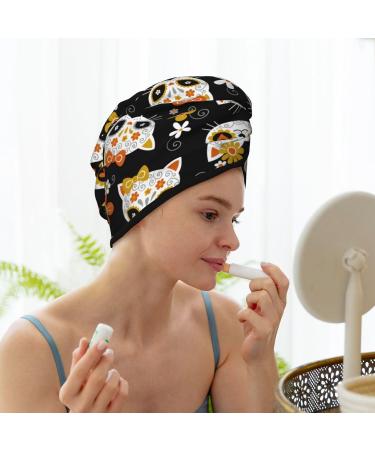Hair Towel Wrap with Button - Fast Drying Towel Turban for Quick Hair Drying (Cat Skulls & Flowers) - Best Hair Drying Solution - Buy Online on GoSupps.com