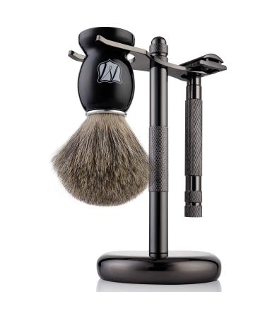 Miusco Natural Badger Hair Shaving Brush and Stand Set | Dark Chrome | Black | Compatible with Safety, Cartridge, & Disposable Razor - Buy Online on GoSupps.com